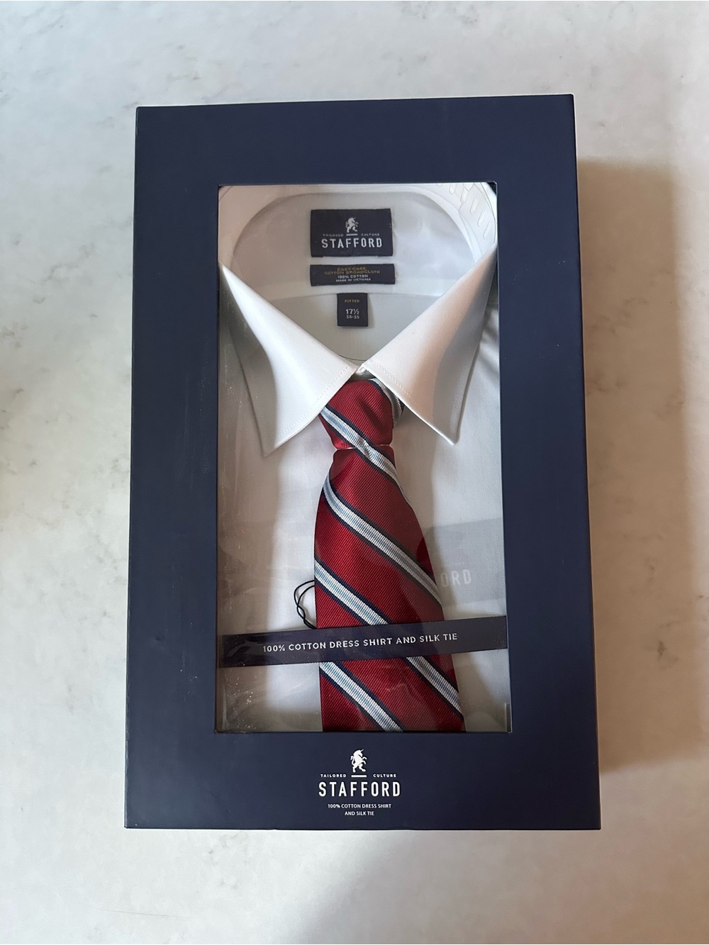 New Stafford White Mens Dress Shirt with Red and Silver Striped Tie 17 1/2 34-35